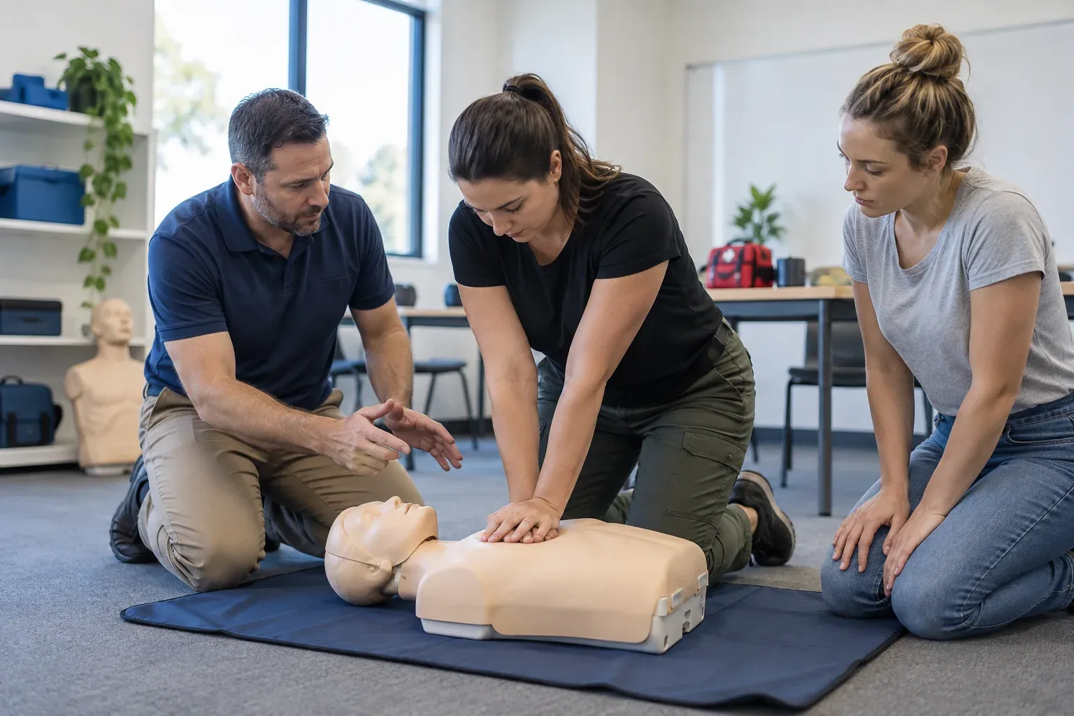 An instructor guides a learner practising CPR on a training manikin while another learner watches.