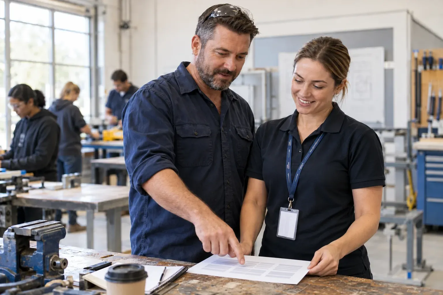 Two training professionals review a printed course plan together in a vocational workshop.