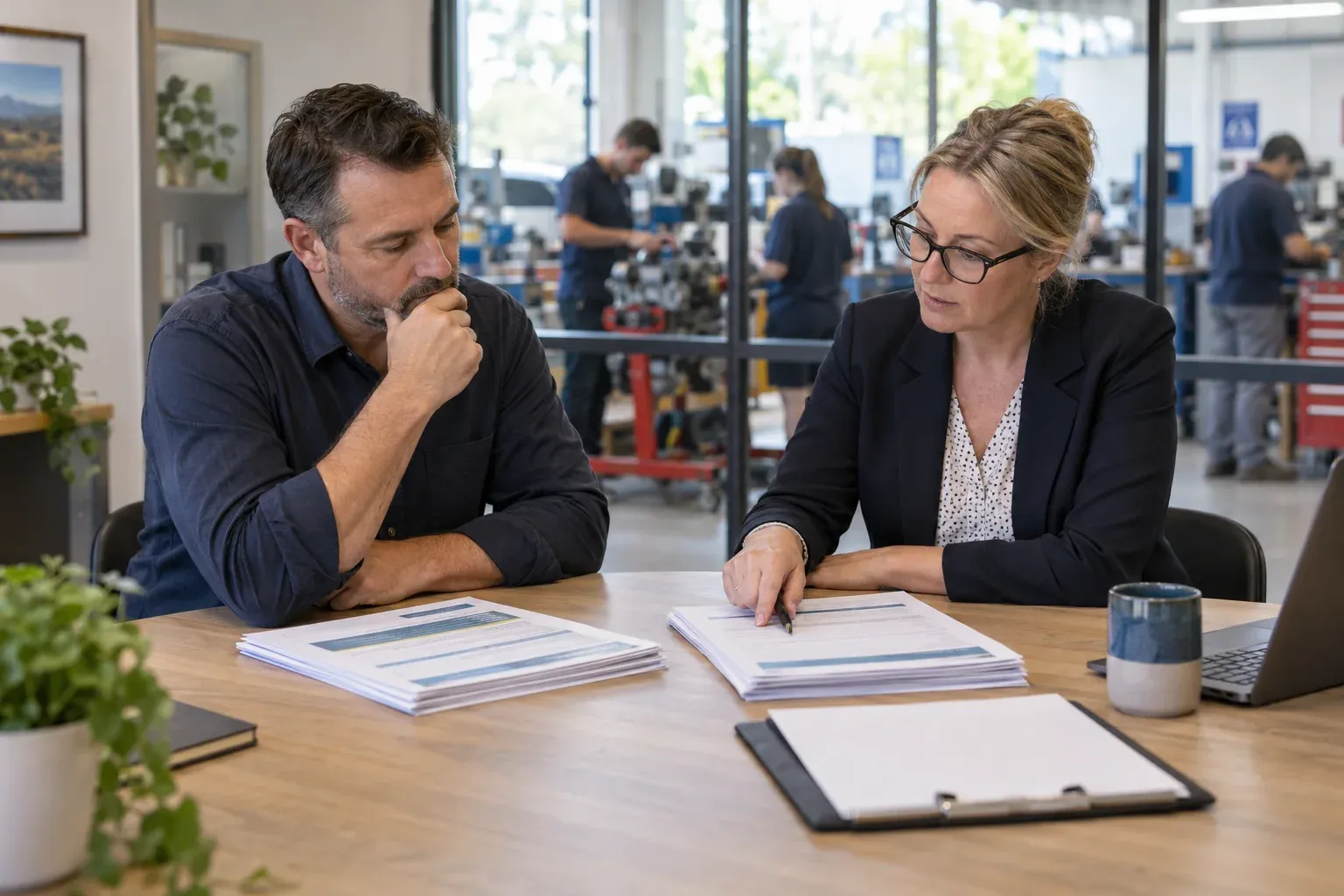 Two training professionals compare documents beside a vocational skills workshop.