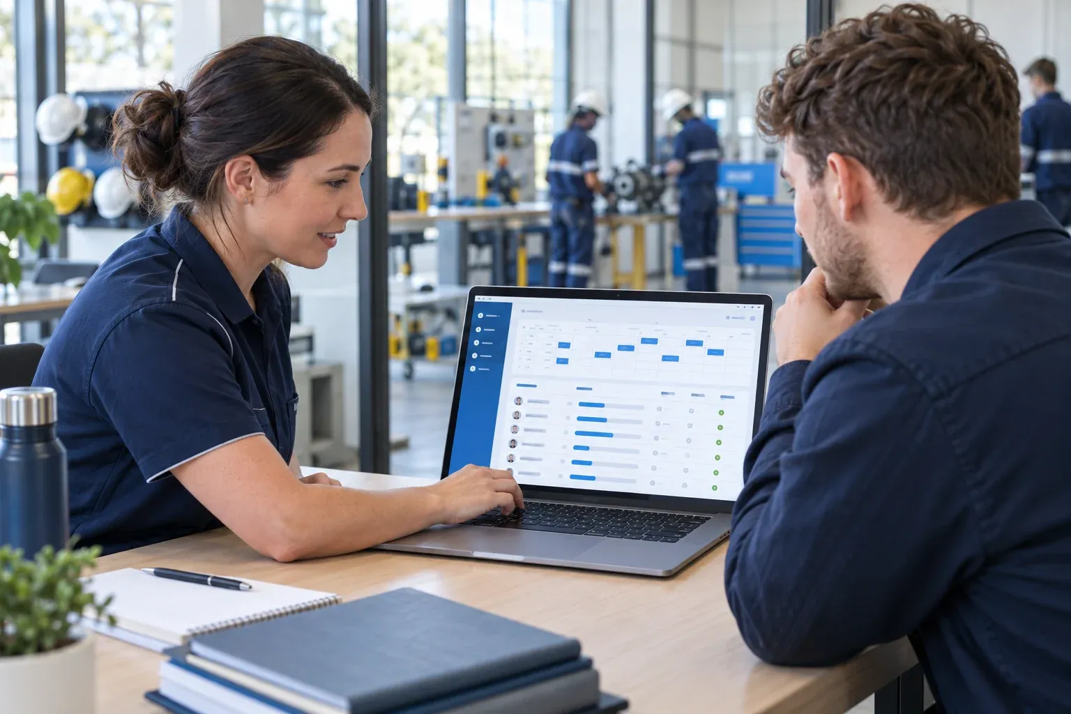 Training staff reviewing a course management dashboard on a laptop in a vocational training centre.
