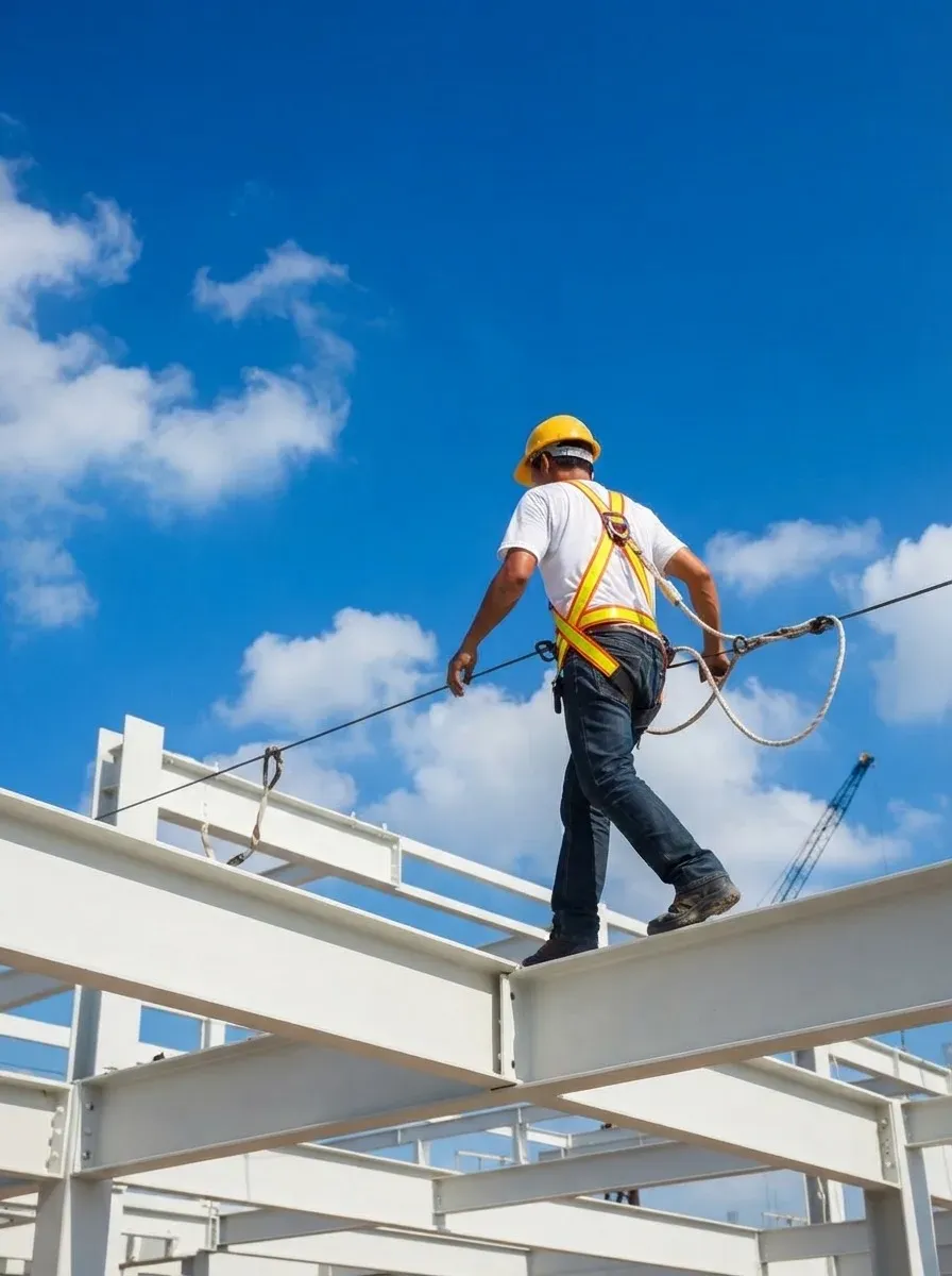Construction worker wearing fall protection walking across elevated steel beams.