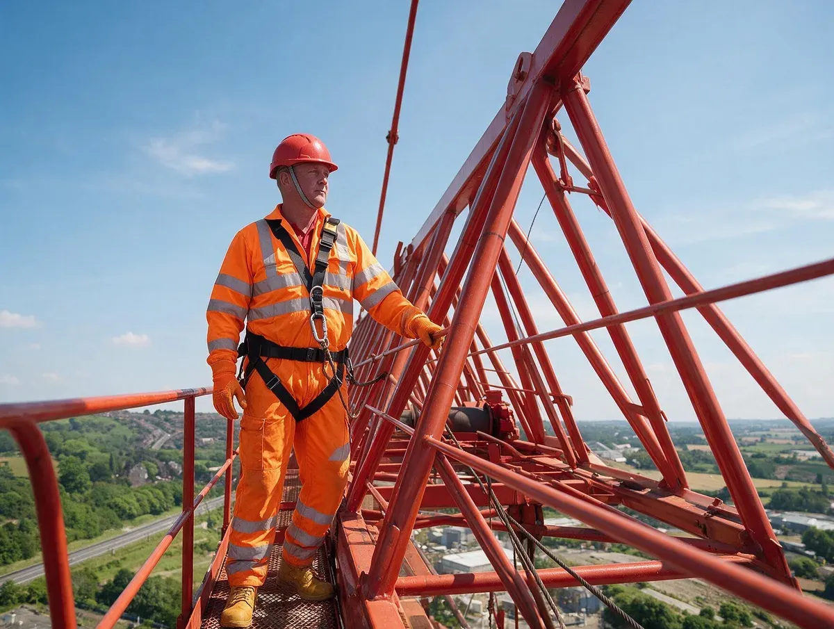 Worker in high-visibility clothing secured by a fall-arrest harness on an elevated crane in Australia.