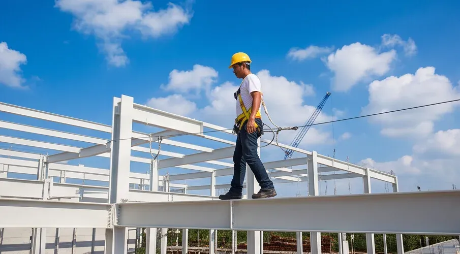 Worker in a hard hat and fall-arrest harness on elevated steelwork for working-at-heights training in the ACT.