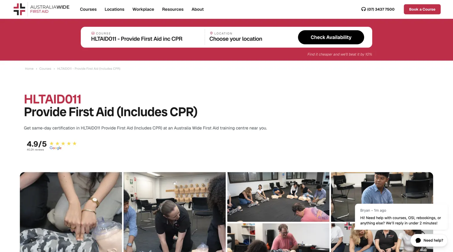 Australia Wide First Aid website showing its HLTAID011 course and training photos