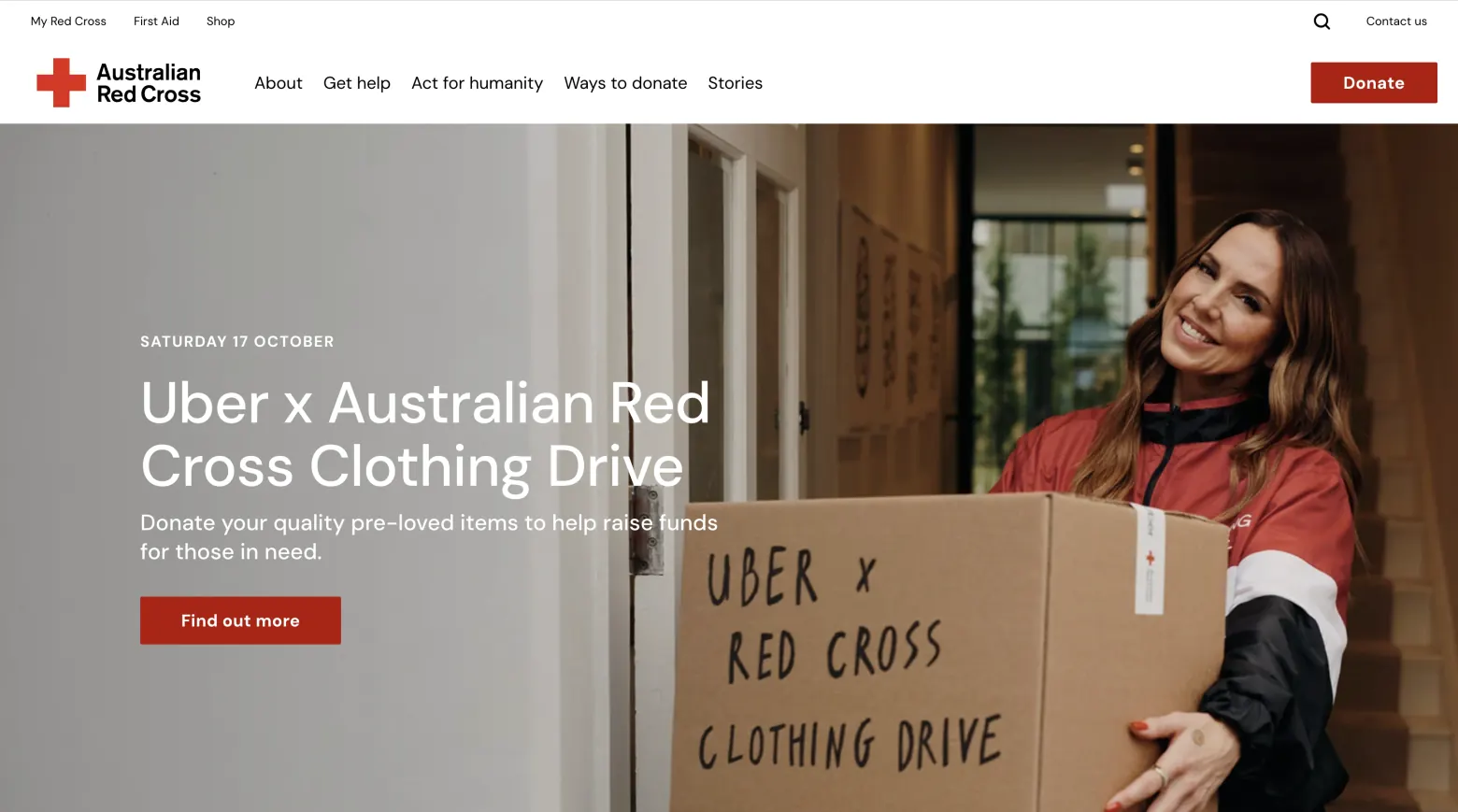 Australian Red Cross website homepage showing a clothing drive campaign