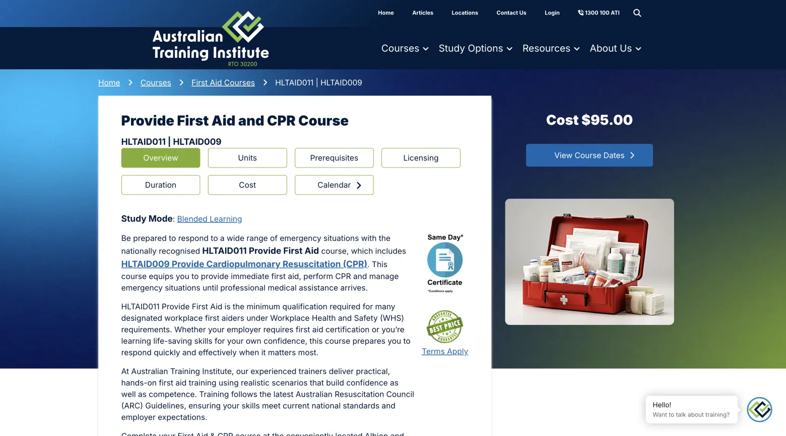 Australian Training Institute website showing its Provide First Aid and CPR course