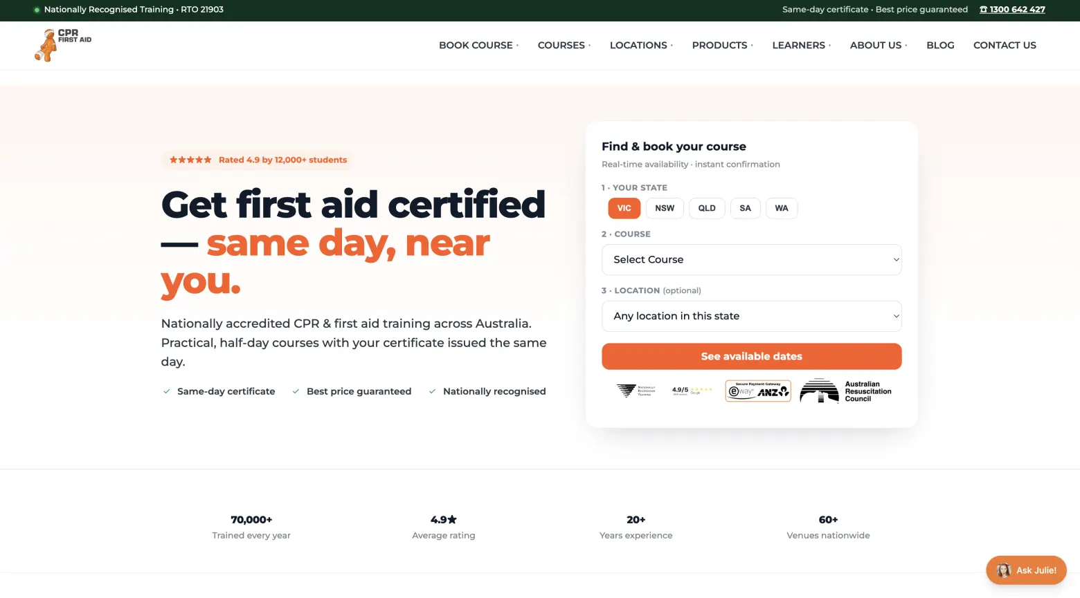CPR First Aid website with first aid course booking form