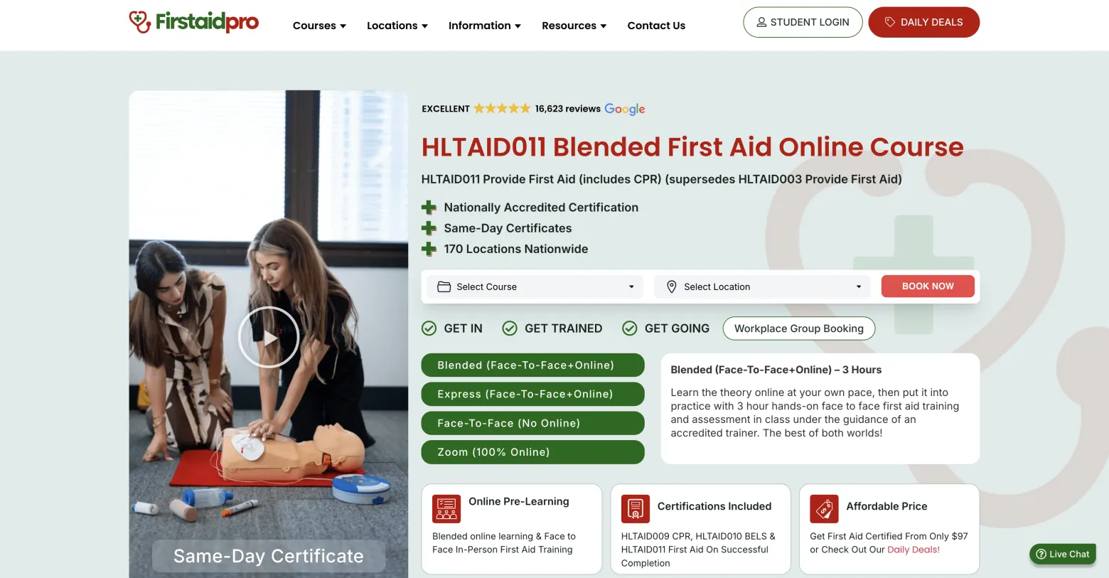 FirstAidPro website showing its blended HLTAID011 first aid course