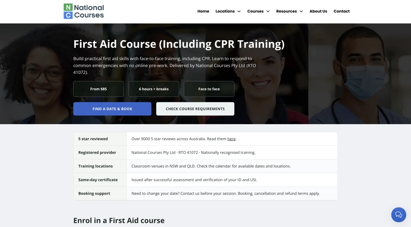 National Courses website showing its first aid and CPR training page
