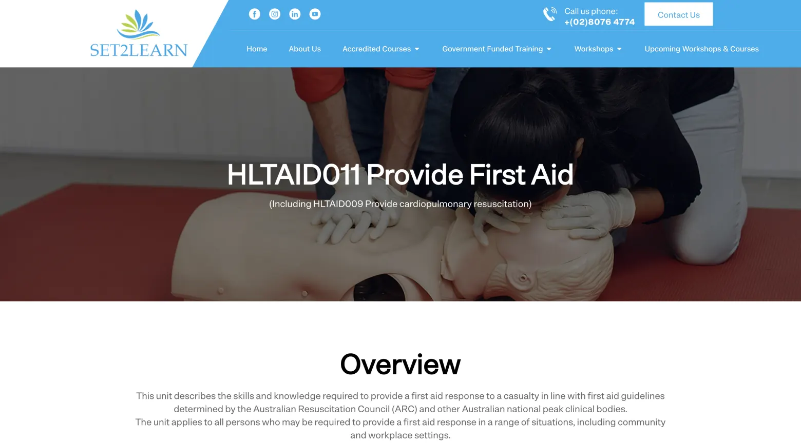 Set2Learn website showing its HLTAID011 Provide First Aid course