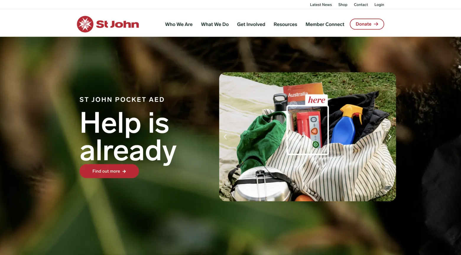 St John Australia website homepage showing its pocket AED promotion