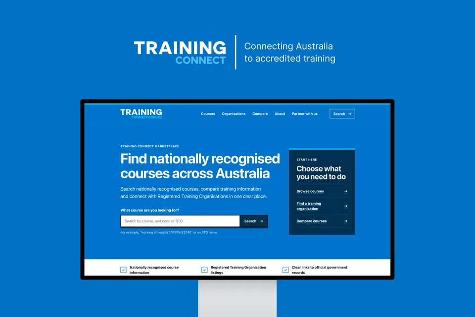 Training Connect branding above a desktop preview of the course marketplace.