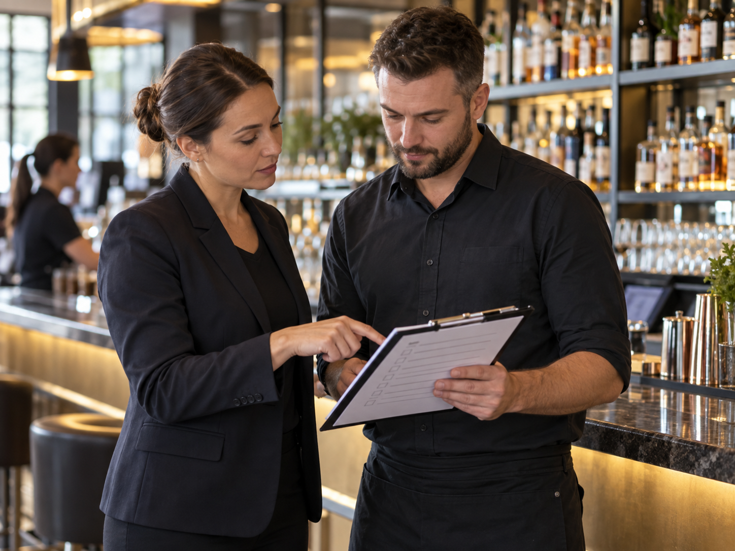 Venue managers reviewing liquor-service compliance responsibilities in a licensed hospitality venue.