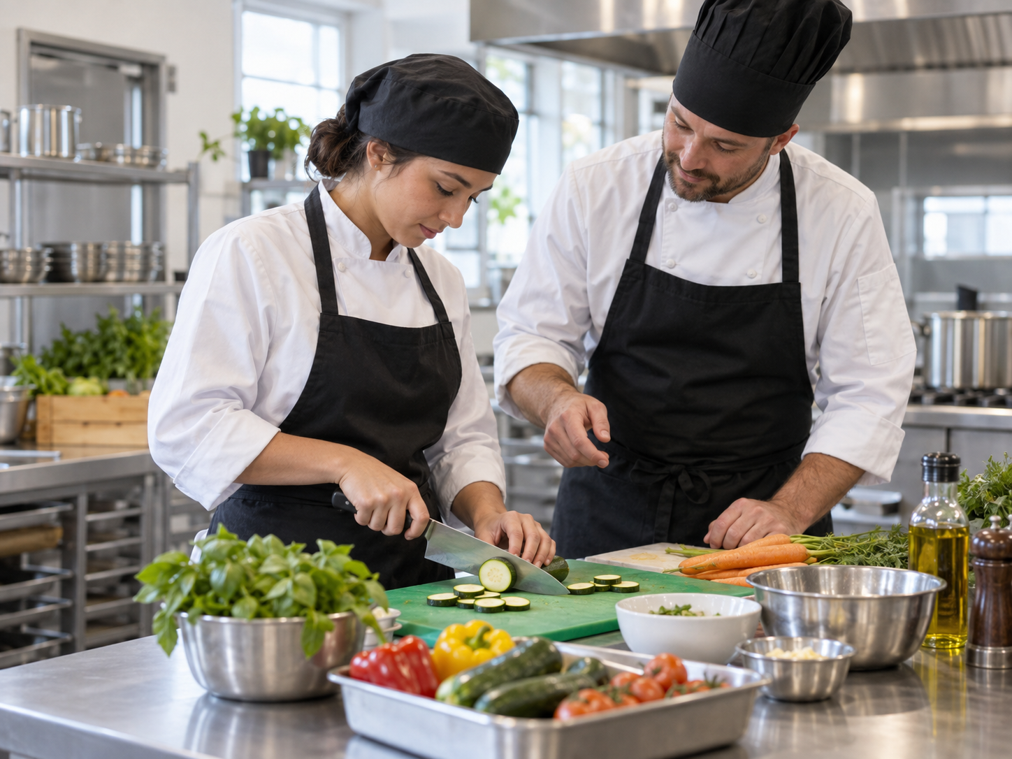 Cookery learner preparing ingredients in a commercial training kitchen with guidance from a chef.
