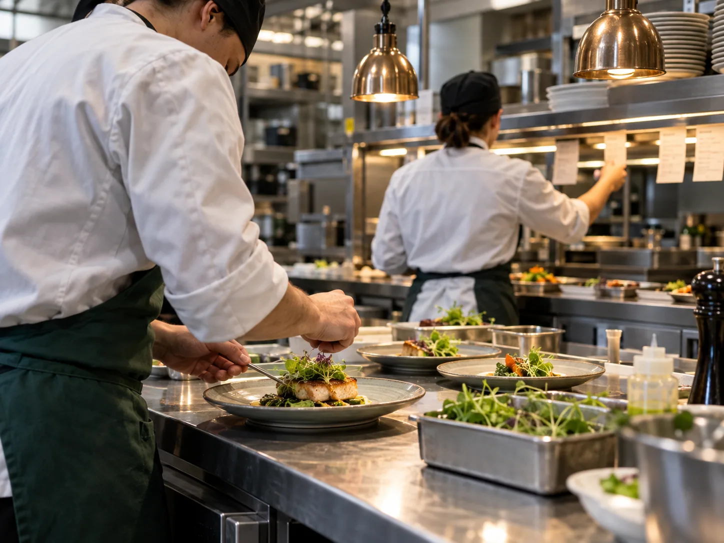 Commercial cook plating a finished dish while another cook coordinates service in a professional kitchen.