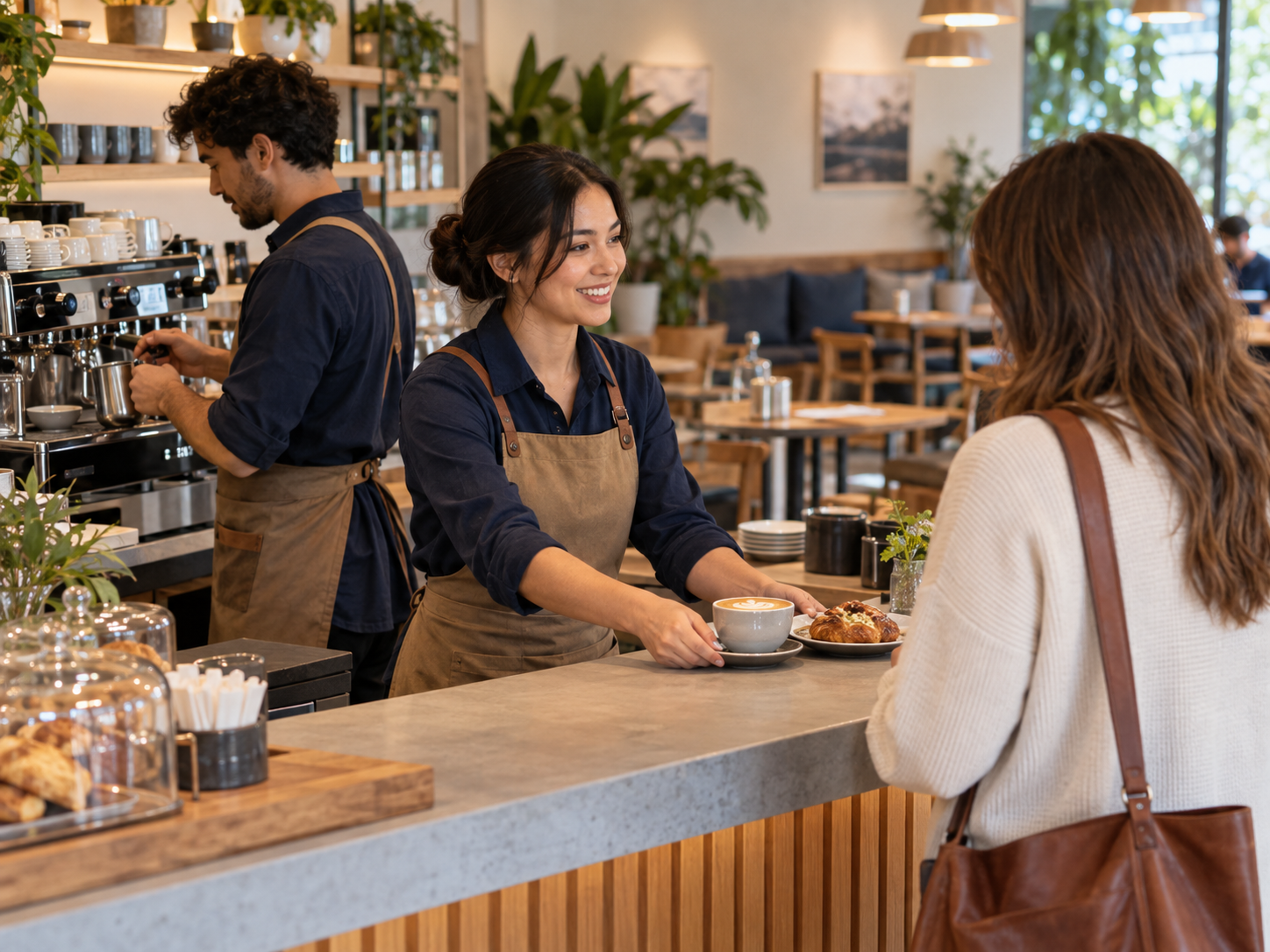 Hospitality service team coordinating café operations and serving a customer in a modern venue.