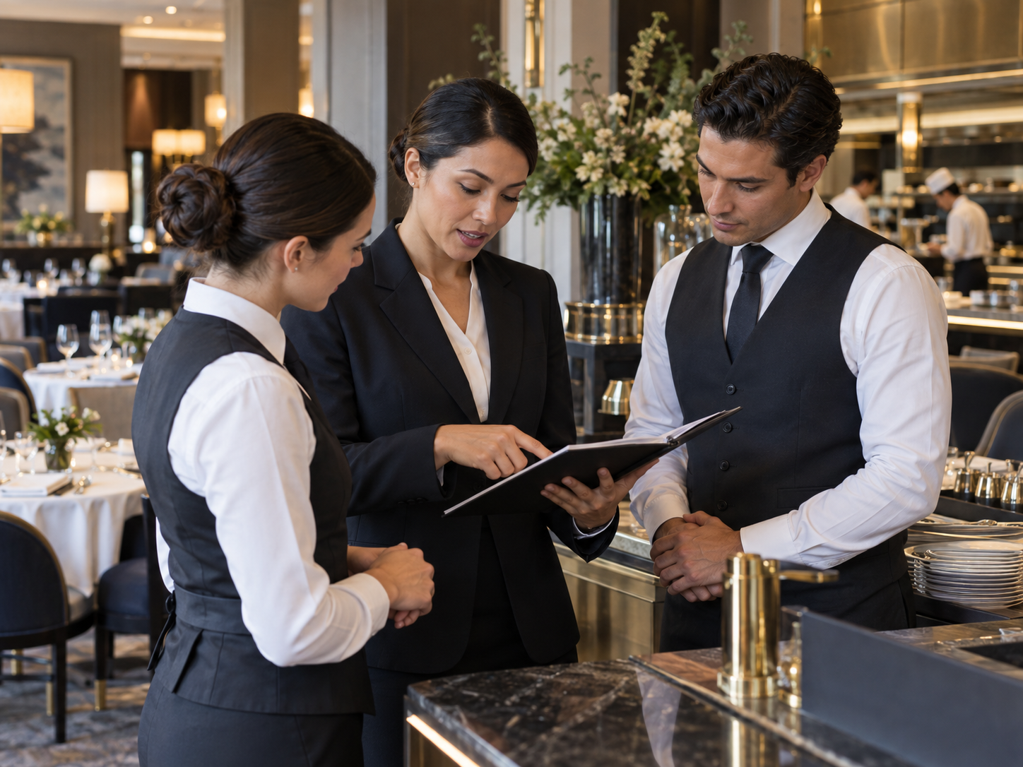 Hospitality supervisor reviewing a service plan with a team in a professional venue.