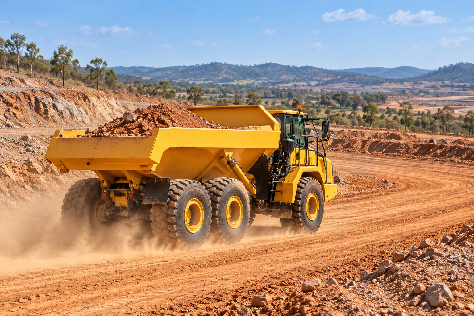 Yellow articulated haul truck carrying aggregate on an Australian civil earthworks haul road.