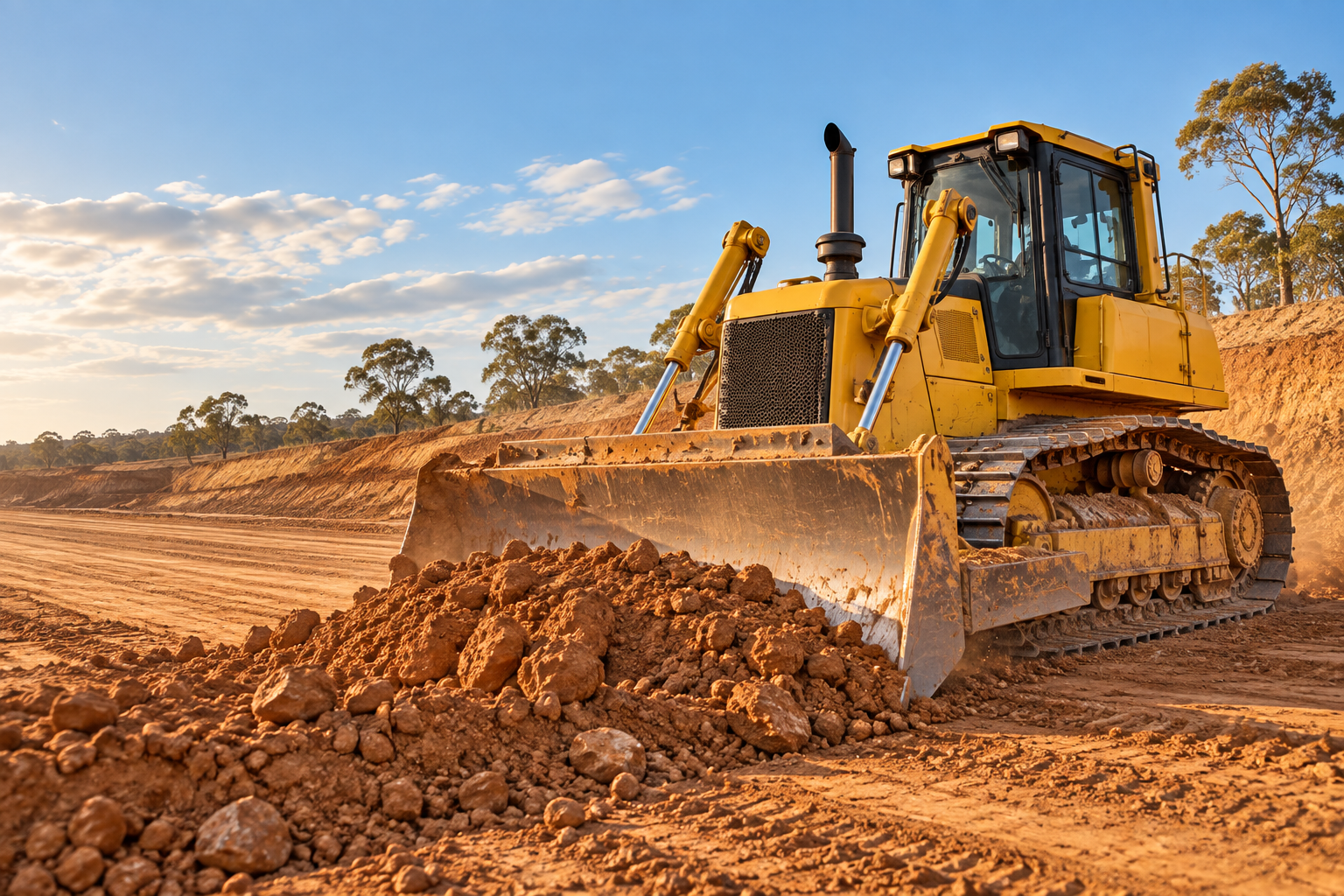 Yellow tracked dozer spreading material on a civil construction earthworks site.