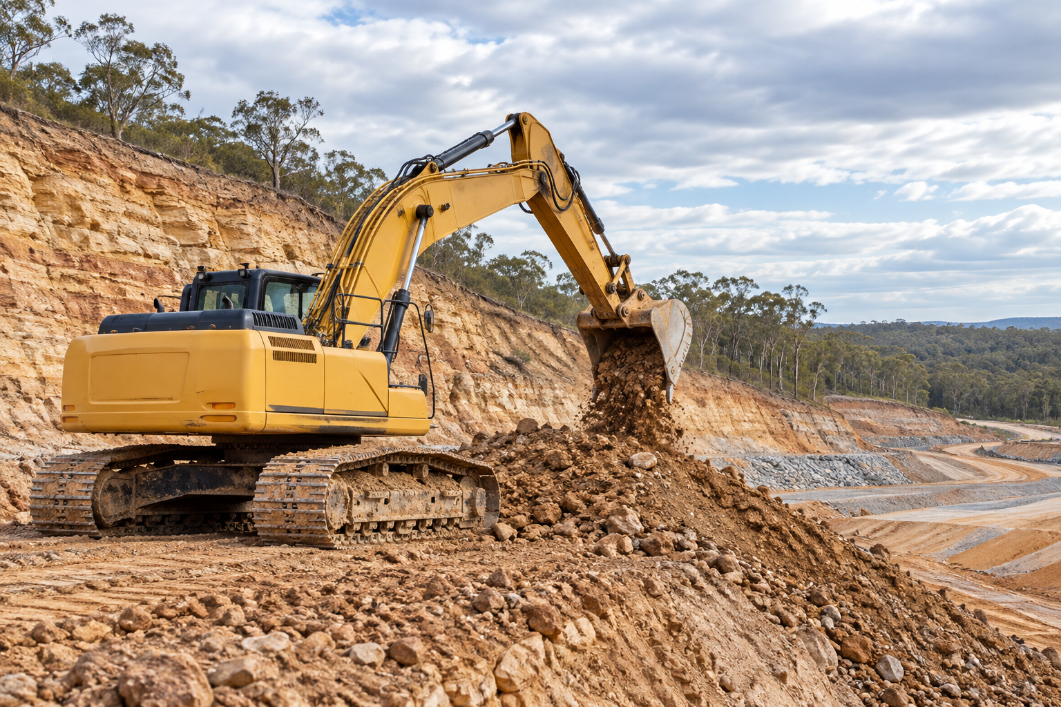 Yellow tracked excavator placing soil at a civil construction road-cut site.