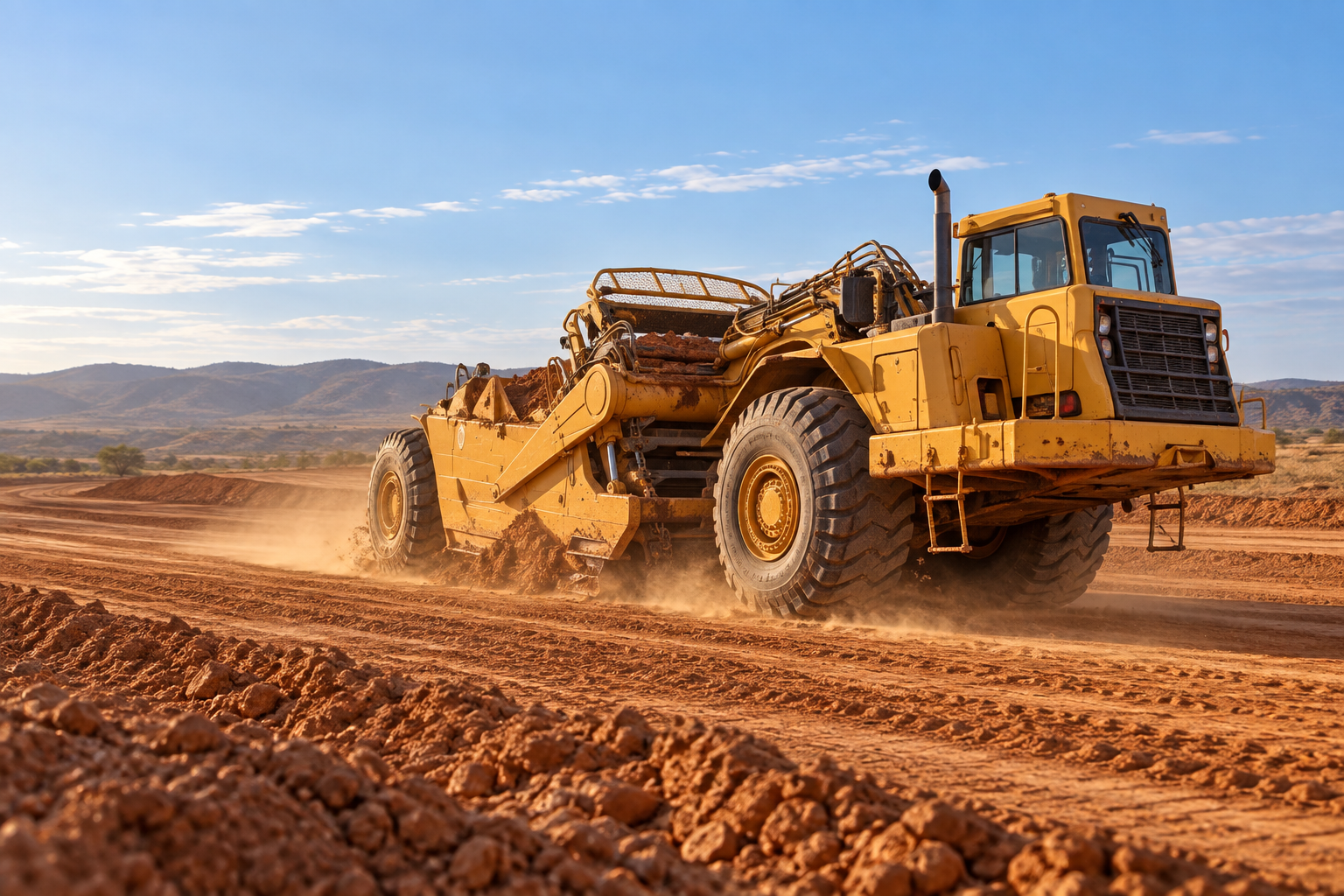 Yellow elevating motor scraper moving soil at a civil construction earthworks site.