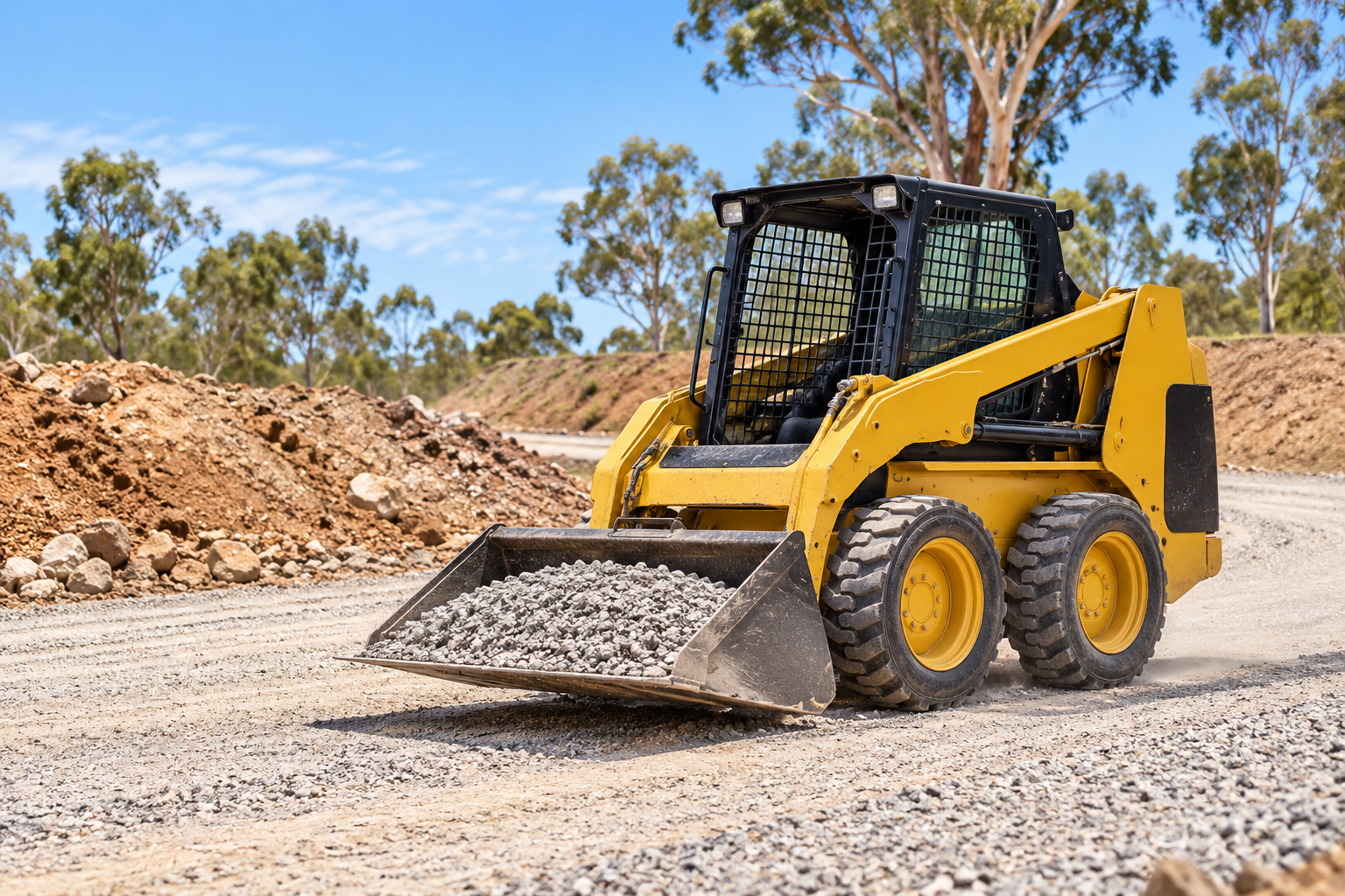 Yellow skid steer loader carrying aggregate at a civil construction site.