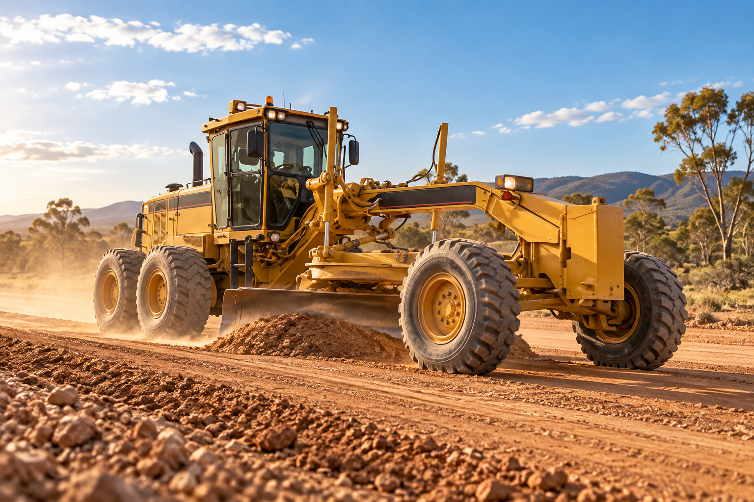 Yellow motor grader shaping a road surface at a regional civil construction site.