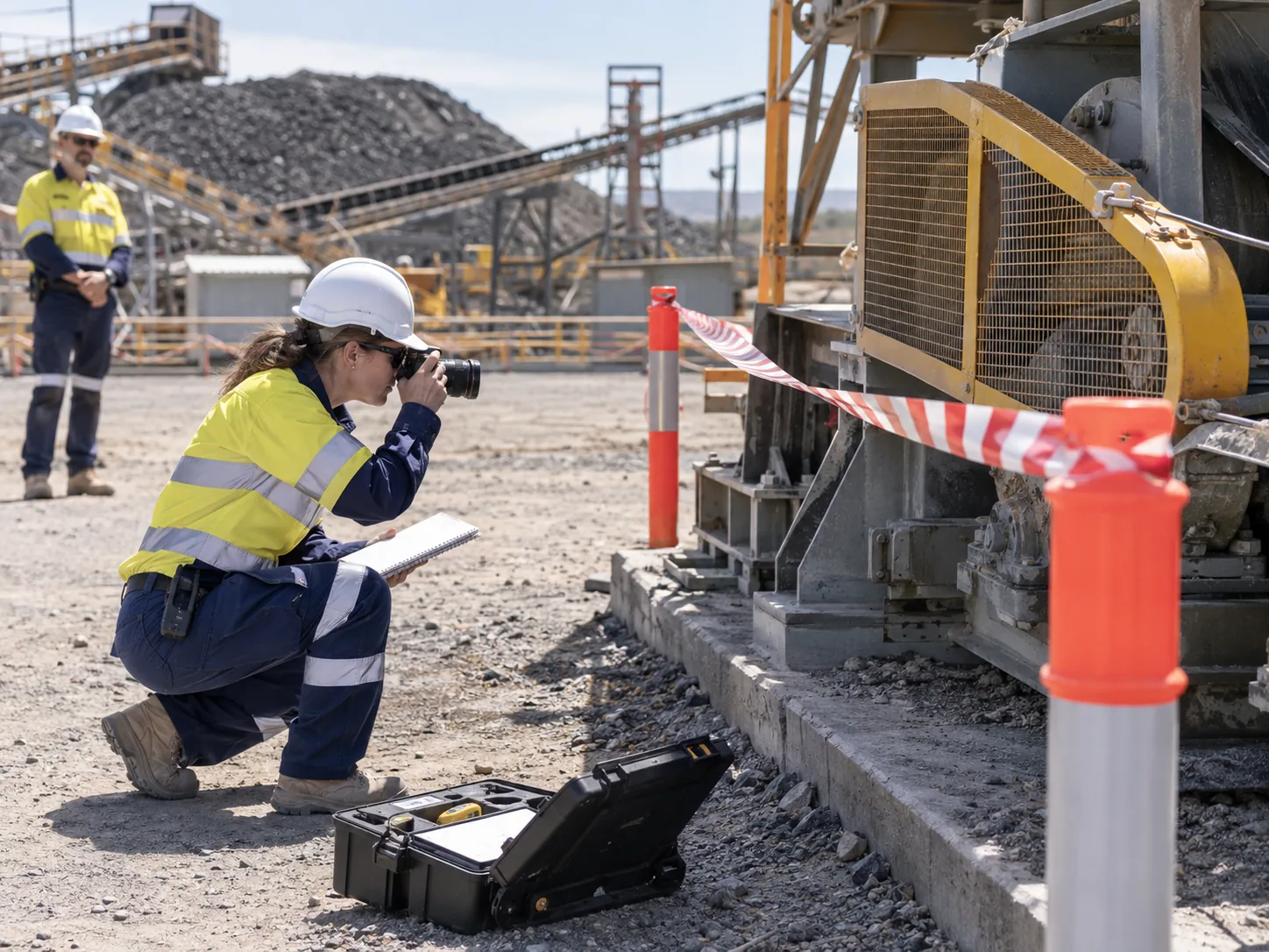 A safety investigator in site PPE photographing and documenting an isolated area at an industrial worksite.