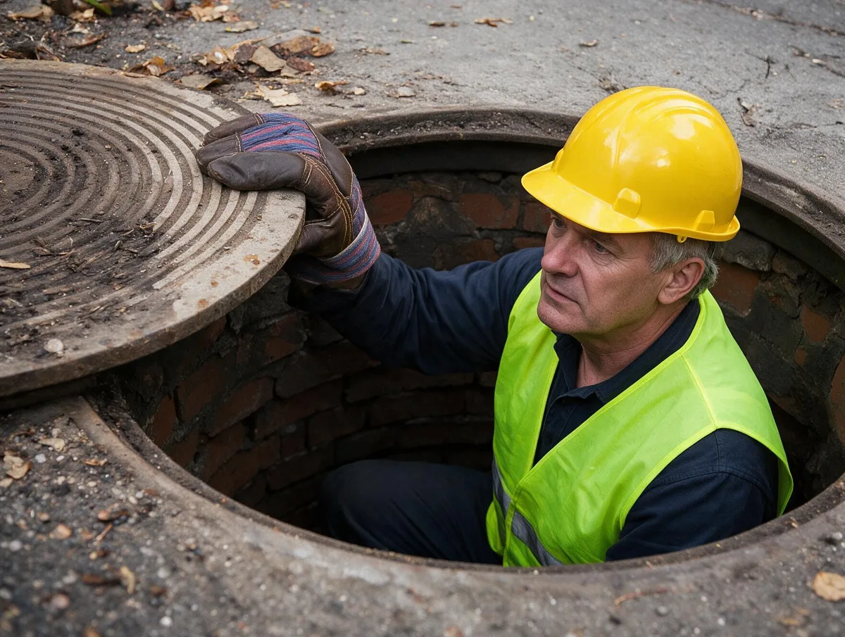 Worker wearing a hard hat and high-visibility vest at the entrance to a confined underground space.