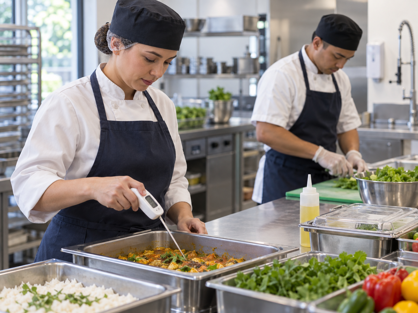 Hospitality supervisor checking food temperature while a food handler prepares ingredients in a clean commercial kitchen.