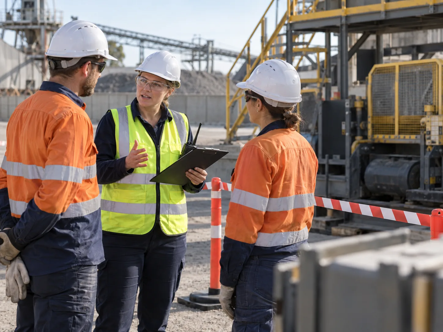A WHS supervisor briefing colleagues beside a safely isolated worksite area after an incident.