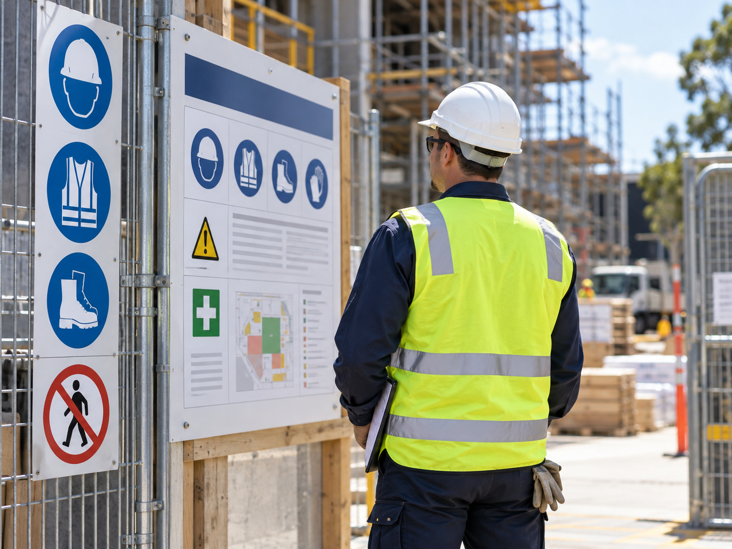 Construction worker in a white hard hat and high-visibility vest reviewing safety signage at a building site entrance.