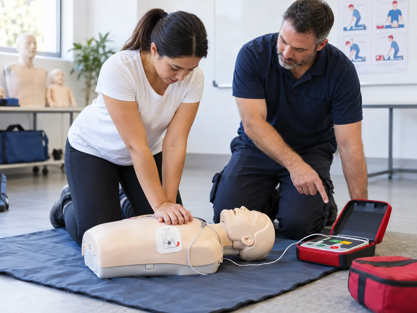 Learner practising CPR on a training manikin while an instructor points to an AED trainer.