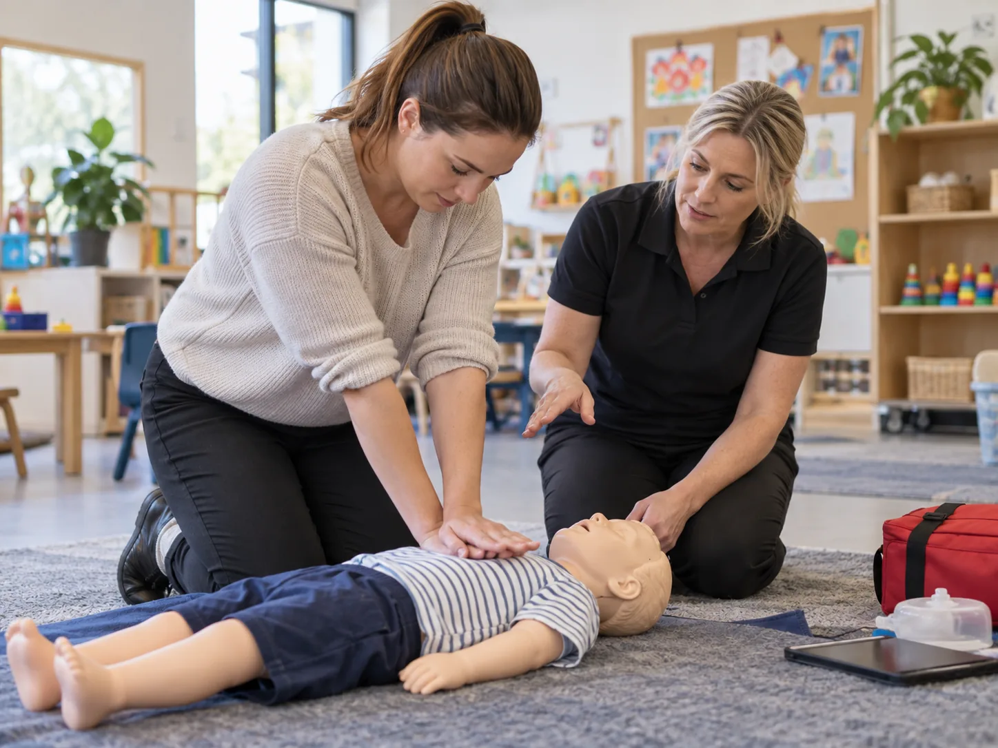 Educator practising a first-aid response on a child-sized training manikin while an instructor guides the exercise.