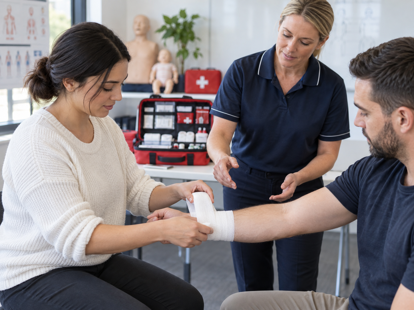 First aid learner applying a bandage while an instructor guides the practical exercise.