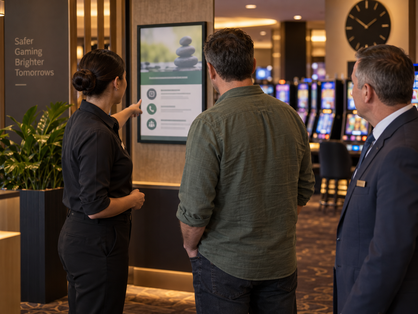Hospitality staff member discreetly explaining responsible gambling support information to a customer in a gaming area.