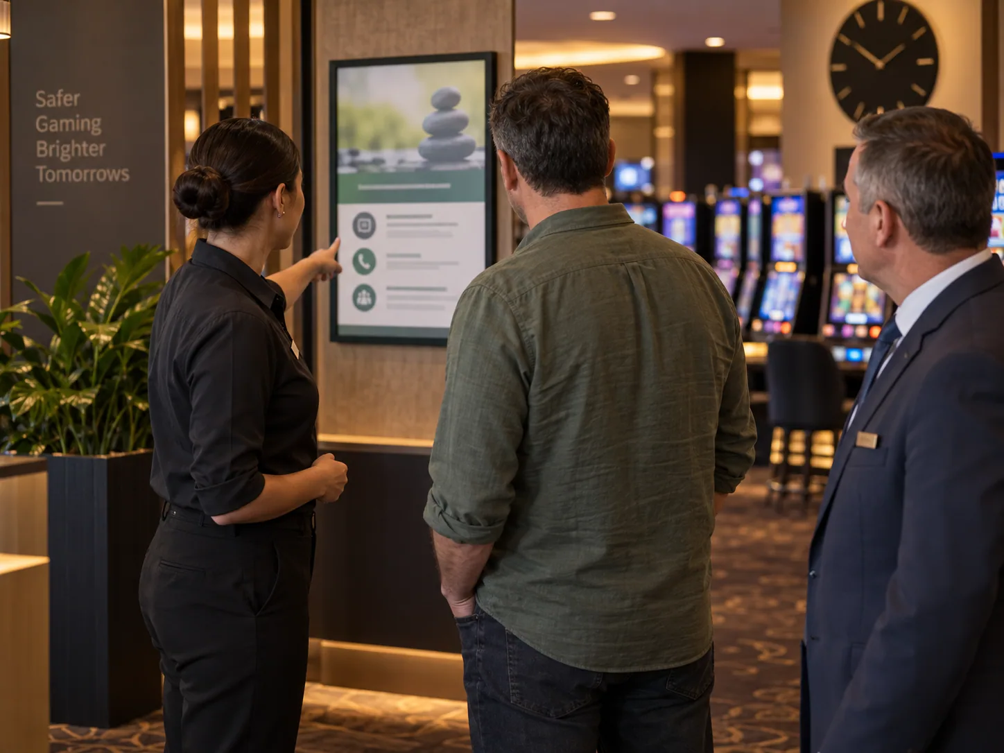 Hospitality staff member discreetly explaining responsible gambling support information to a customer in a gaming area.