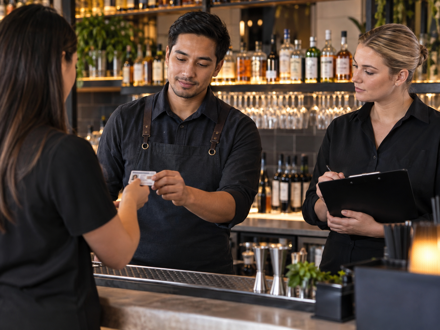 Hospitality workers practising an ID check and responsible service procedure at a bar.