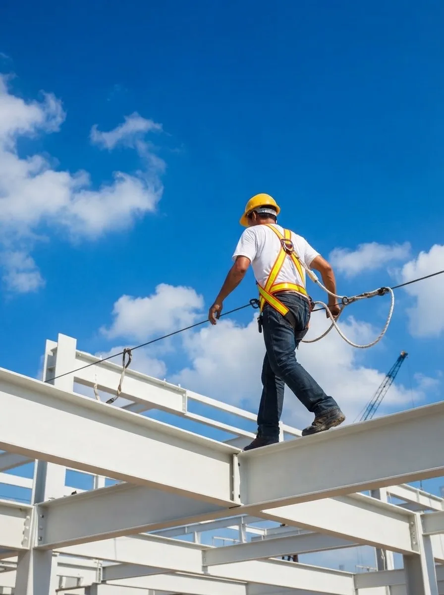 Construction worker wearing fall protection walking across elevated steel beams.